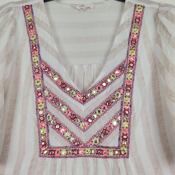 Entro Size M Striped Short Sleeve Relaxed Embroidered Boho Top Blouse - Picture 2 of 7